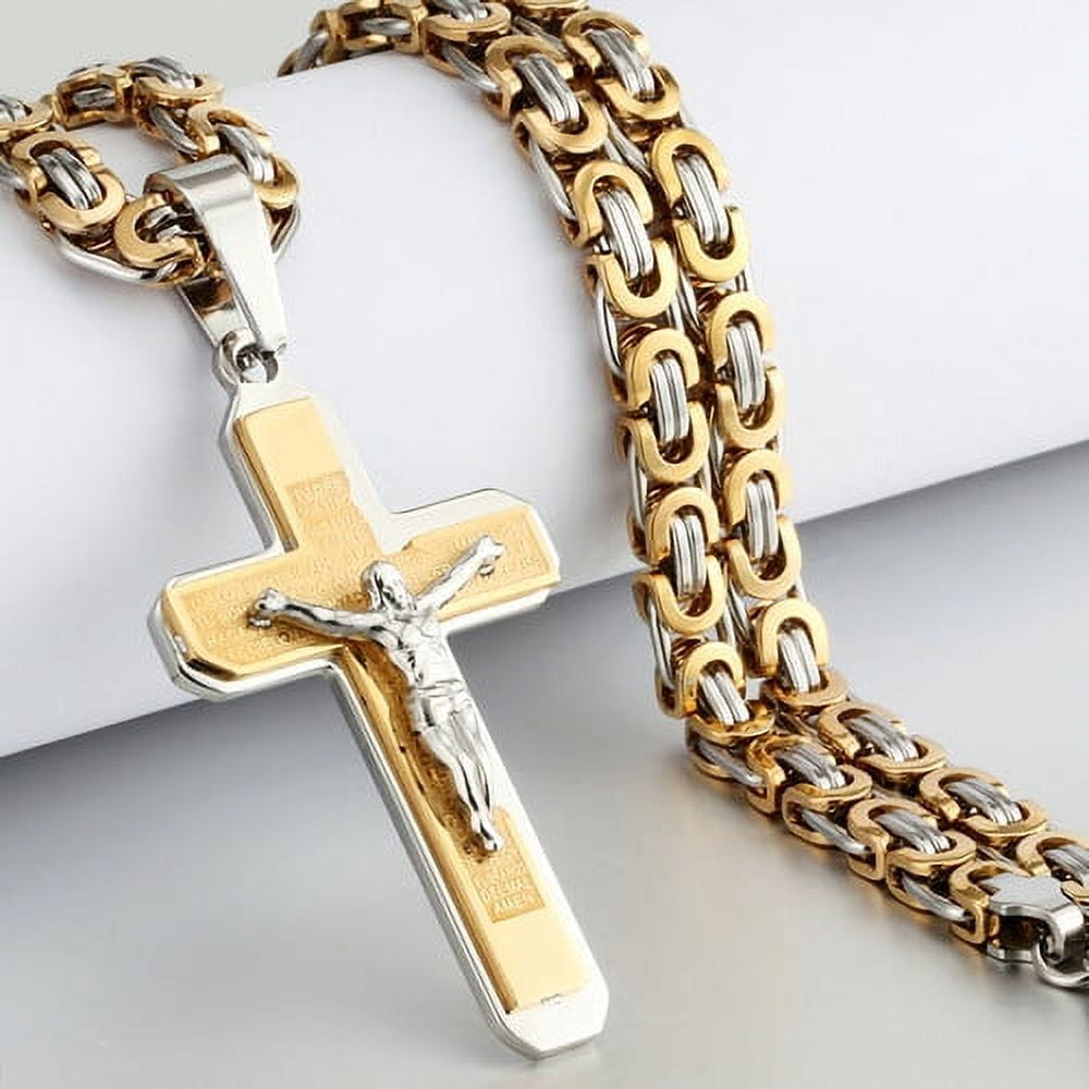 Lordluxury Crucifix Jesus Cross Necklace 14K Yellow Gold Christs Pendant Byzantine Chain Men Necklaces Jewelry Gifts