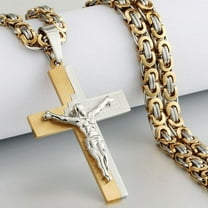 Lordluxury Fashion Double Layer 14K Yellow Gold Cross Necklace Jesus Statue Pendant Hip Hop Necklaces for Men Cross Jewelry Accessories Anniversary Gift S258
