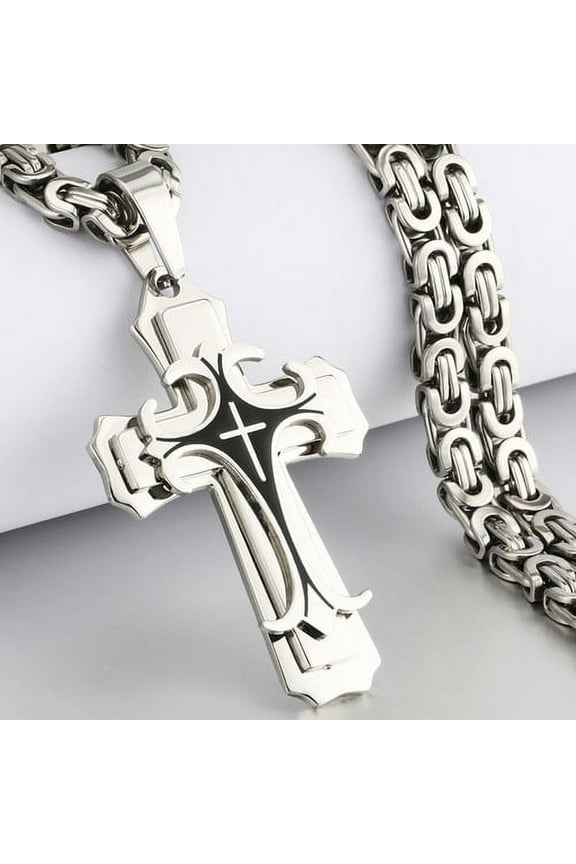 Male Trinity Latin Pendants Cross Necklace Multi-layer 14K White Gold Byzantine Link Chain Necklaces Catholic Religious Jewelry S280