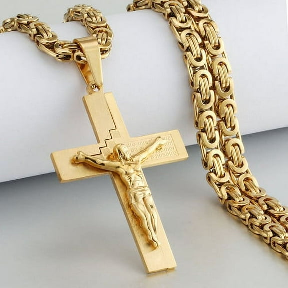 Lordluxury Men's Necklace Big Cross Pendant & Chain Male 14K Yellow Gold Christian Necklaces For Men Religious Jewelry Gift
