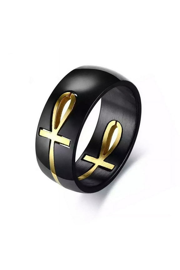 Men's Two Tones Removable Ankh Egyptian Cross Ring 14k Yellow Gold Detachable Allah Male Religious Jewelry