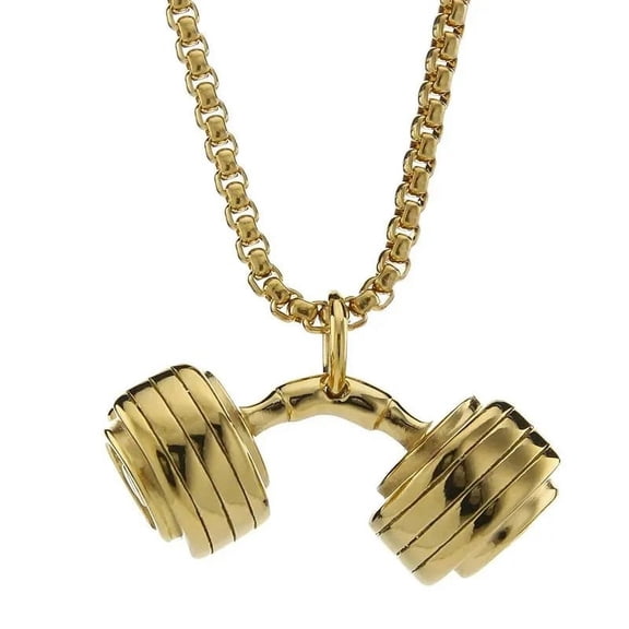 Lordluxury Mens Dumbbell Pendant Necklace 14k Yellow Gold Sport Gym Fitness Barbell Necklace Masculine Jewelry Chain 24