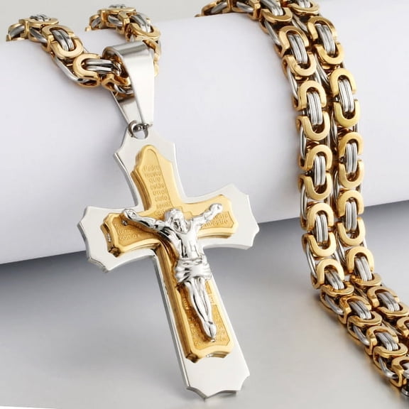 Lordluxury Multilayer Cross Christ Jesus Pendant Necklace 14K Yellow Gold Link Byzantine Chain Heavy Men Jewelry Gift