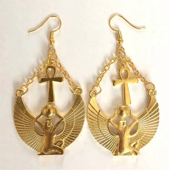 Lordluxury New Goddess Isis Ancient Egyptian Earrings 14k Yellow Gold Cross Fashion Girlfriend Women Retro Statement Punk Jewellery