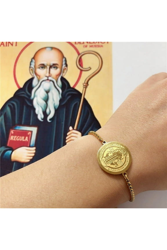 San Benito Bracelet 14k Yellow Gold Church St. Benedict Cross Pulsera For Women Men Religious San Benito Jewelry