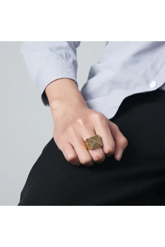 Valily Male Pyramid Ring Horus Eyes Anubis Pattern Triangle 14k White Gold Ceometric Rings Jewelry For Men S288