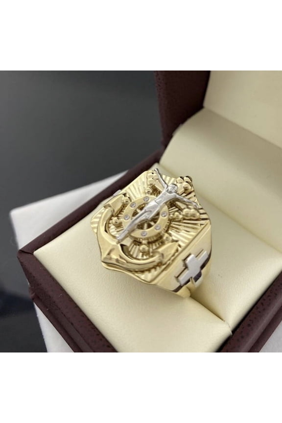 Vintage 14k Yellow Gold Anchor Religious Jesus Cross Ring Men Fashion Amulet Jewelry Gift B217