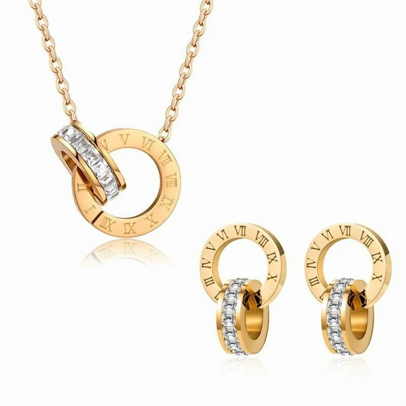 Lordluxury White Crystal Roman Numerals Earrings Bracelet 14k Rose Gold Necklace Colorless Simple Temperament Ring Jewelry Set