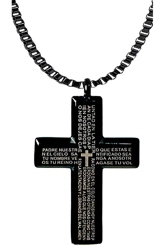 Lords Prayer, PATER NOSTER, Black Cross On A Beautiful Adjustable Black Anodized Box Chain. What A Great Gift For Yourself, Or Family Or Friend.Hypoallergenic No Nickel,No Lead,Or Cadmium In The Metal