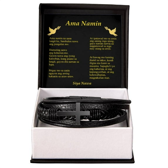 Lords Prayer Tagalog Ama Namin Men's Stainless Steel & Vegan Leather Cross Bracelet - Vegan Leather with Stainless Steel