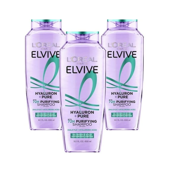Loreal Elseve Hydra [Hyaluronic] Pure Salicylic Acid Anti-Oil Purifying Shampoo 300 ml -3 Pack