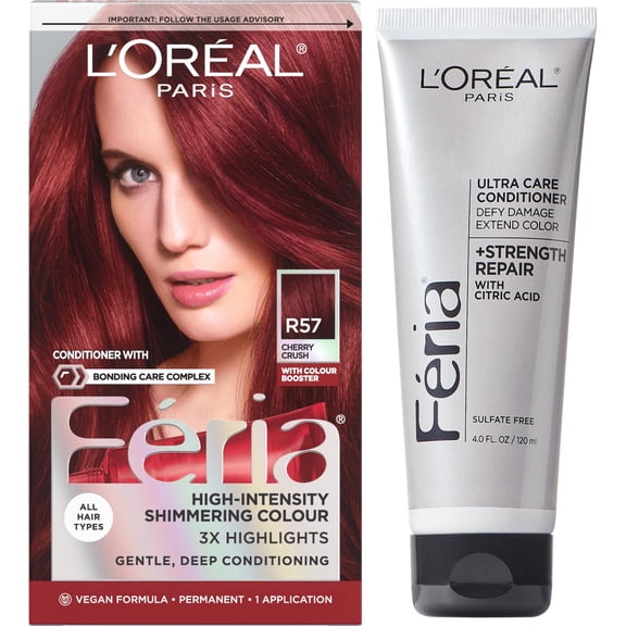L'Oreal Paris Feria Shimmering Permanent Hair Color, R57 Cherry Crush + Hair Color Strength Repair Ultra Care Conditioner, 4 fl oz