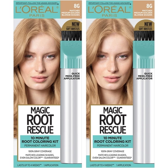 Loreal Paris Magic Root Rescue 10 Minute Root Hair Coloring Kit, Permanent Hair Color With Quick Precision Applicator, 100% Gray Coverage, 8G Medium Golden Brown, 2 Count Packaging May Vary