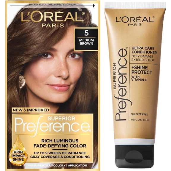 L'Oreal Paris Superior Preference Permanent Hair Color, 5 Medium Brown + Hair Color Shine Protect Care Conditioner, 4 fl oz