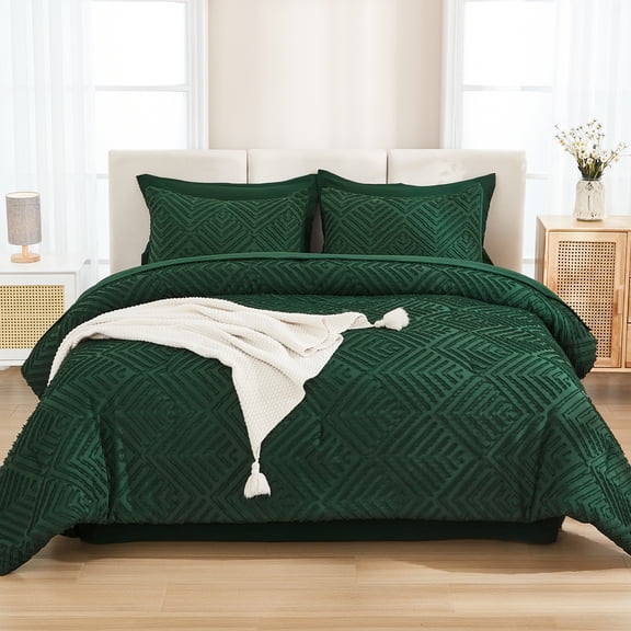 Litanika 7 Piece Boho Tufted Bed in a Bag Set King Size Emerald, All Season Fluffy Lightweight Complete Bedding with Comforter Sheets Pillowcases and Shams