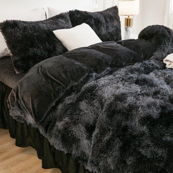 Litanika Tie-Dyed Black Grey Comforter Full Size Set, Fluffy Bedding Set | Winter Soft Plush Velvet Faux Fur Bedding Comforters Set for Full Size Bed, Fuzzy Thick Heavy Puffy Comforter Blanket Set