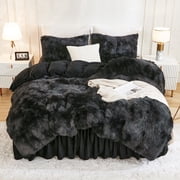 Litanika Tie-Dyed Black Grey Comforter King Size Set, Fluffy Bedding Set | Winter Soft Plush Velvet Faux Fur Bedding Comforters Set