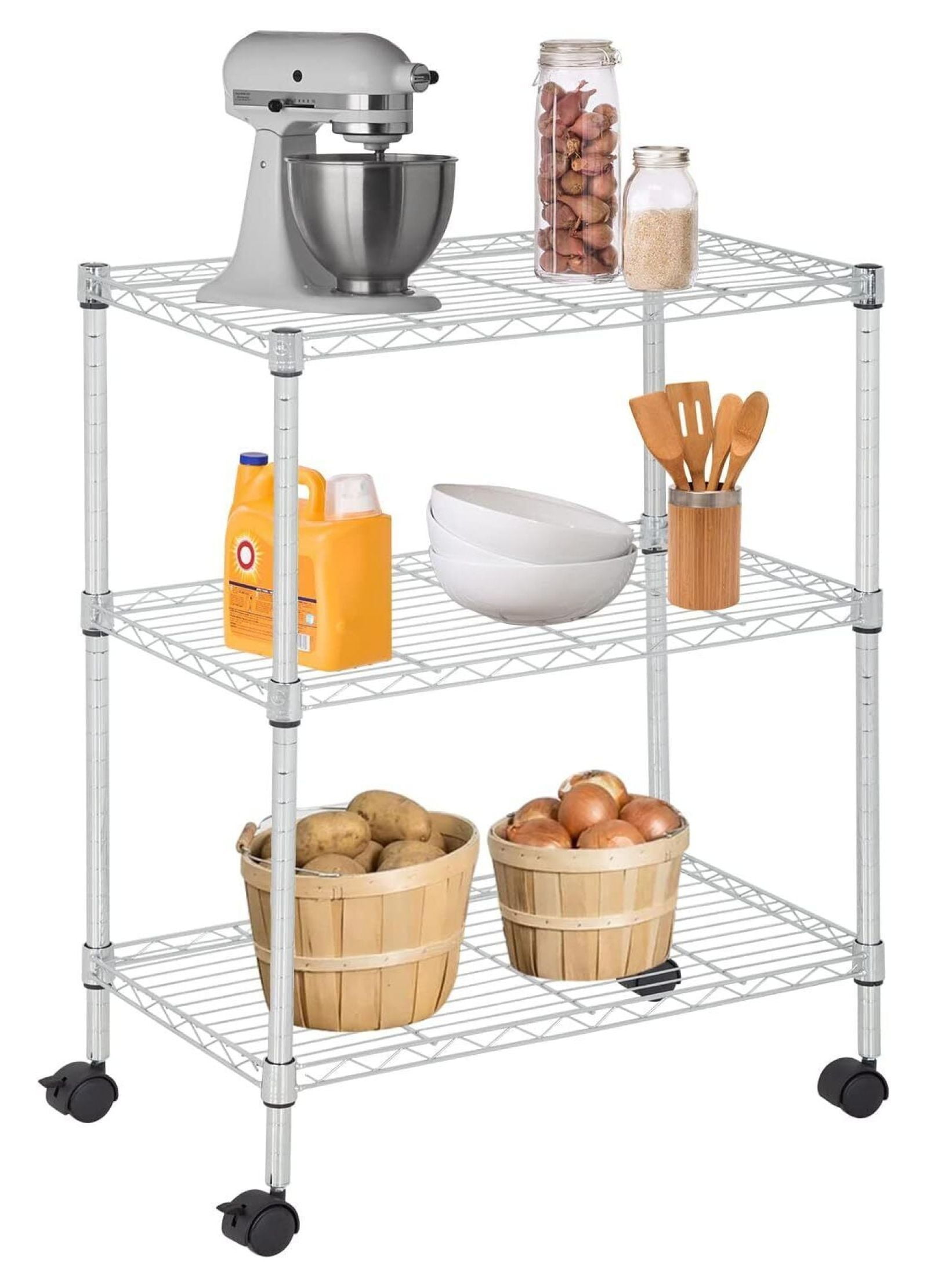 Chrome 3-Tier Wire Shelving Unit with Wheels