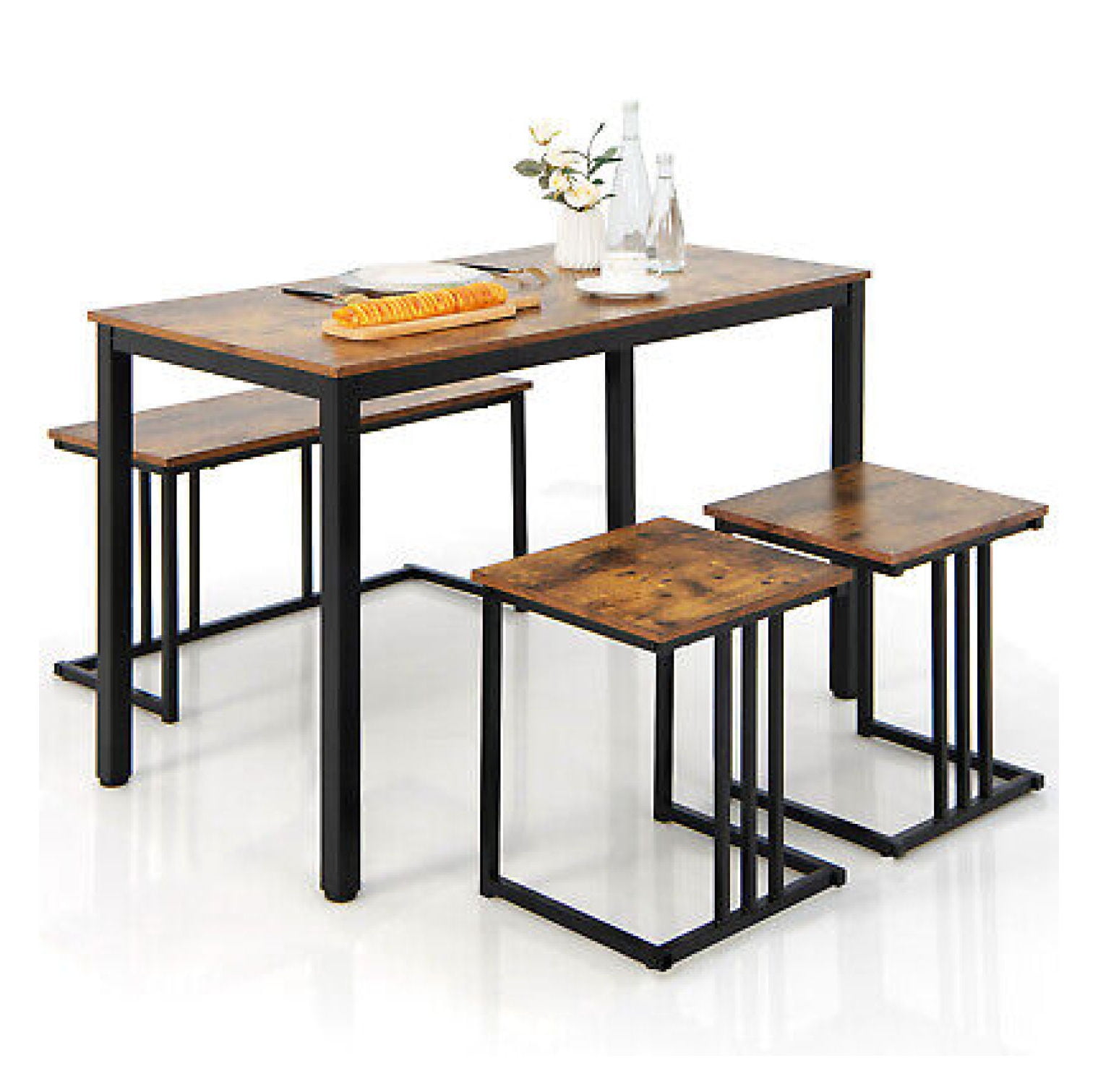 Rustic Brown and Black 4-Piece Dining Table Set with Bench and Stools