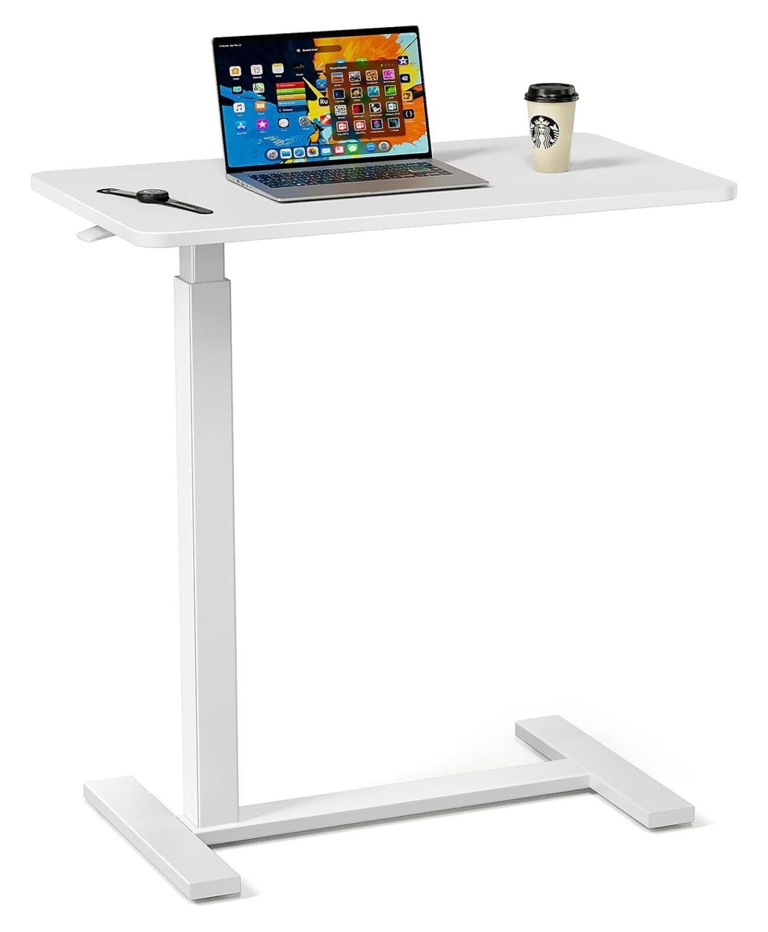 Small White Adjustable Overbed Laptop Desk with Wheels