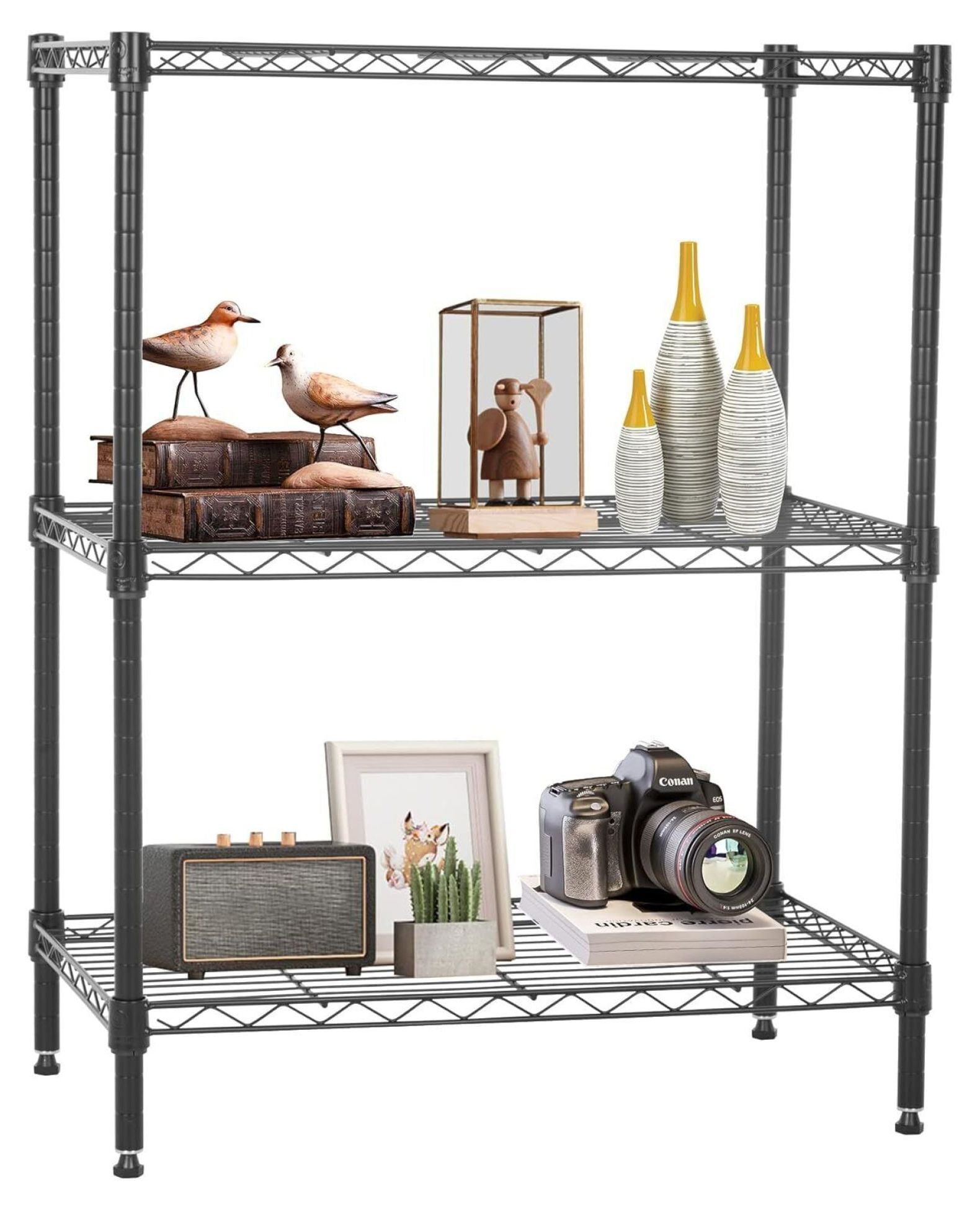Black Adjustable 3-Tier Wire Shelving Unit for Garage and Kitchen