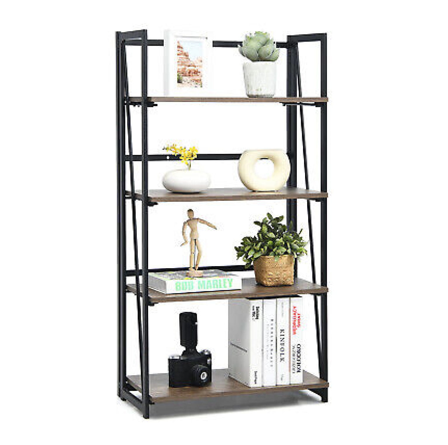 Lorelia Folding 4Tier Bookshelf NoAssembly Industrial Bookcase