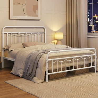 Lorelia Full Size Victorian Style Metal Bed Frame with Headboard and Footboard, 13 Inch Heavy-Duty Bed Frame with Storage,Sturdy Slats, No Box Spring Needed, White