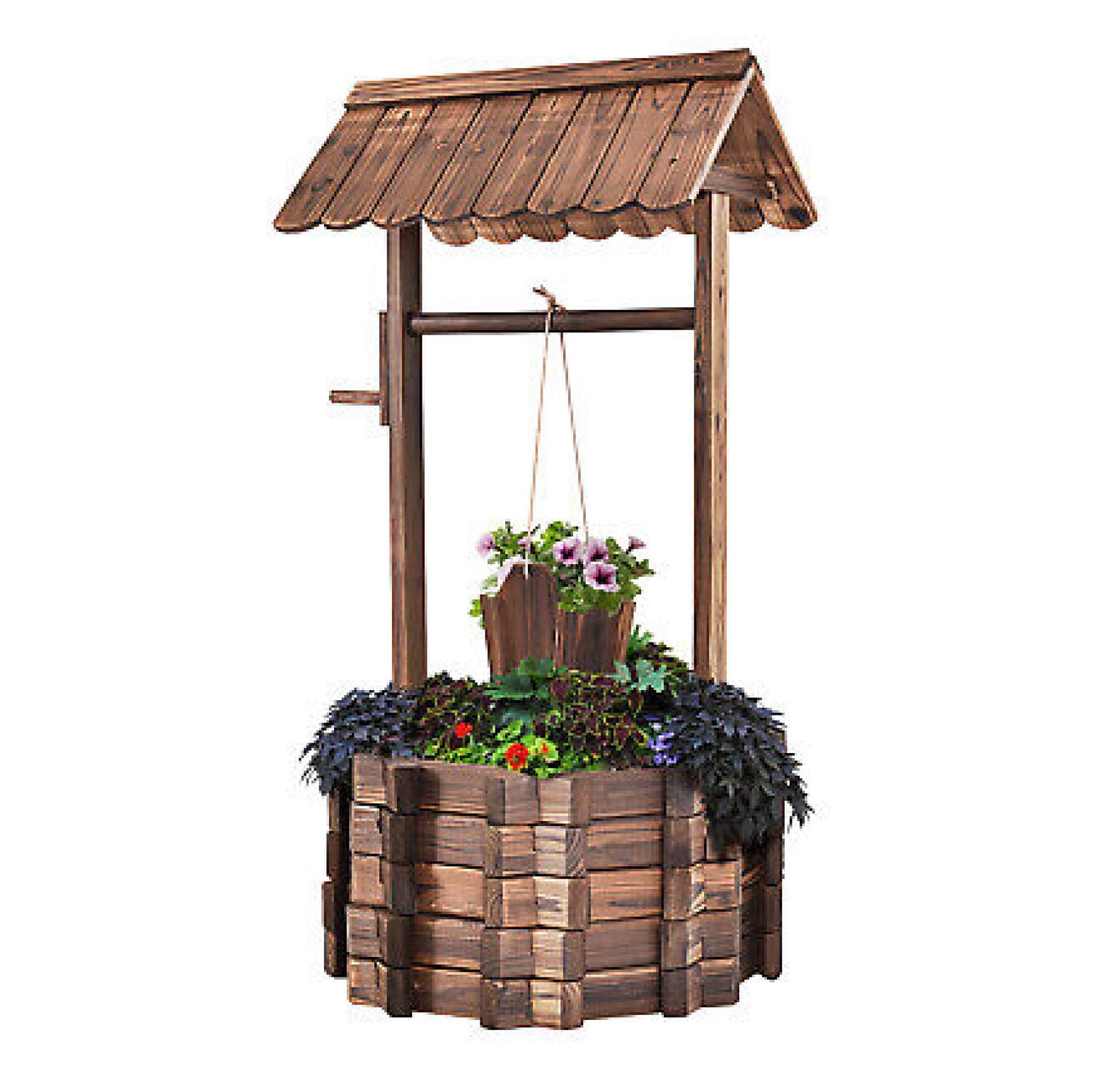 Rustic Fir Wood Outdoor Wishing Well Planter with Bucket