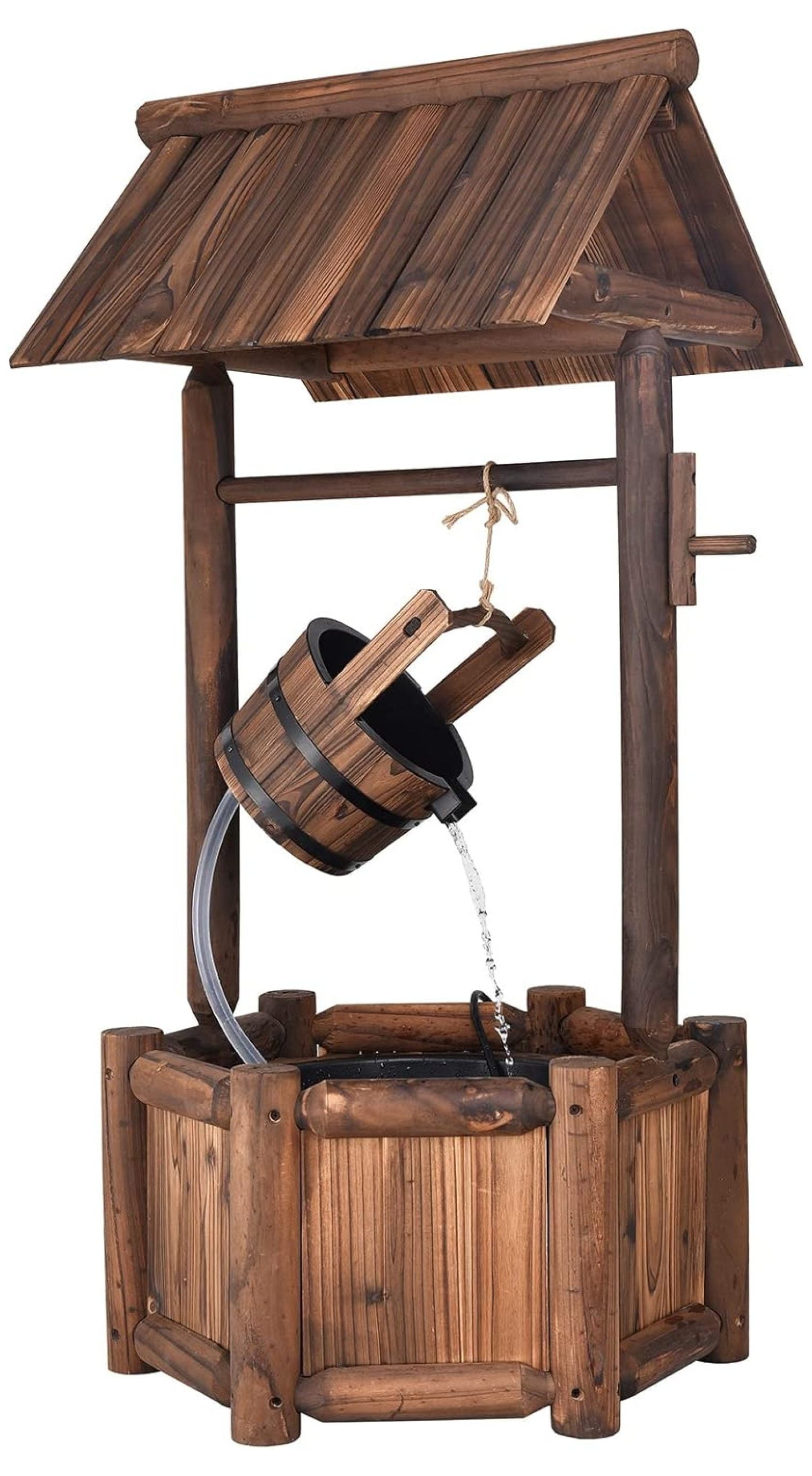 Rustic Wooden Wishing Well Water Fountain with Electric Pump