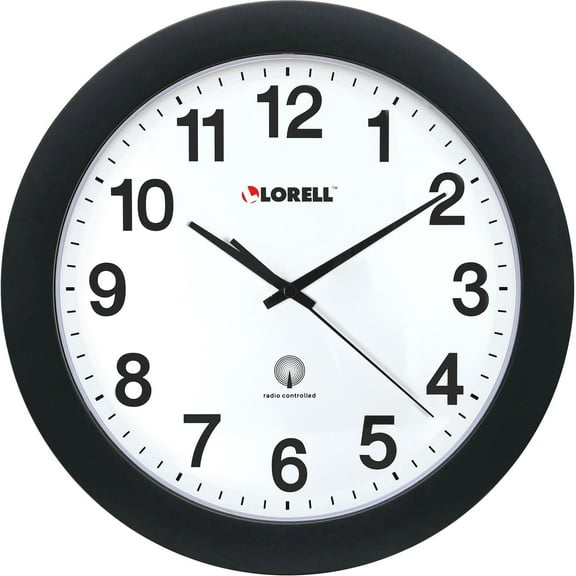 Lorell 12" Round Radio Controlled Wall Clock - Analog - Quartz - White Main Dial - Black/Plastic Case | Bundle of 5
