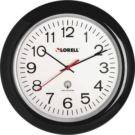Lorell 13-1/4" Radio Controlled Wall Clock - Analog - Quartz - White Main Dial - Black/Plastic Case | Bundle of 2 Each