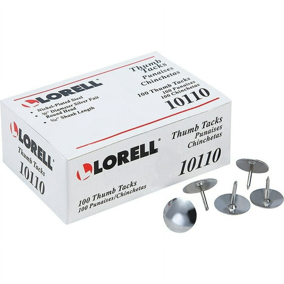 Lorell 5/16" Steel Thumb Tacks - 0.31" Shank - 0.38" Head - for Schedule, Wall - 100 / Pack - Silver | Bundle of 2 Packs