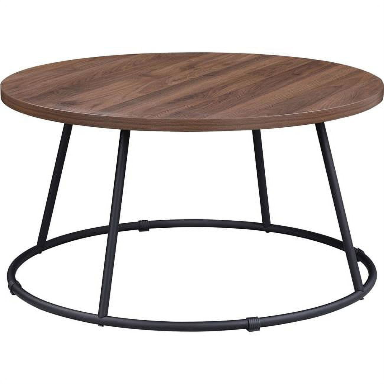 Lorell Round 31.5" Walnut Top Industrial Coffee Table with Metal Base