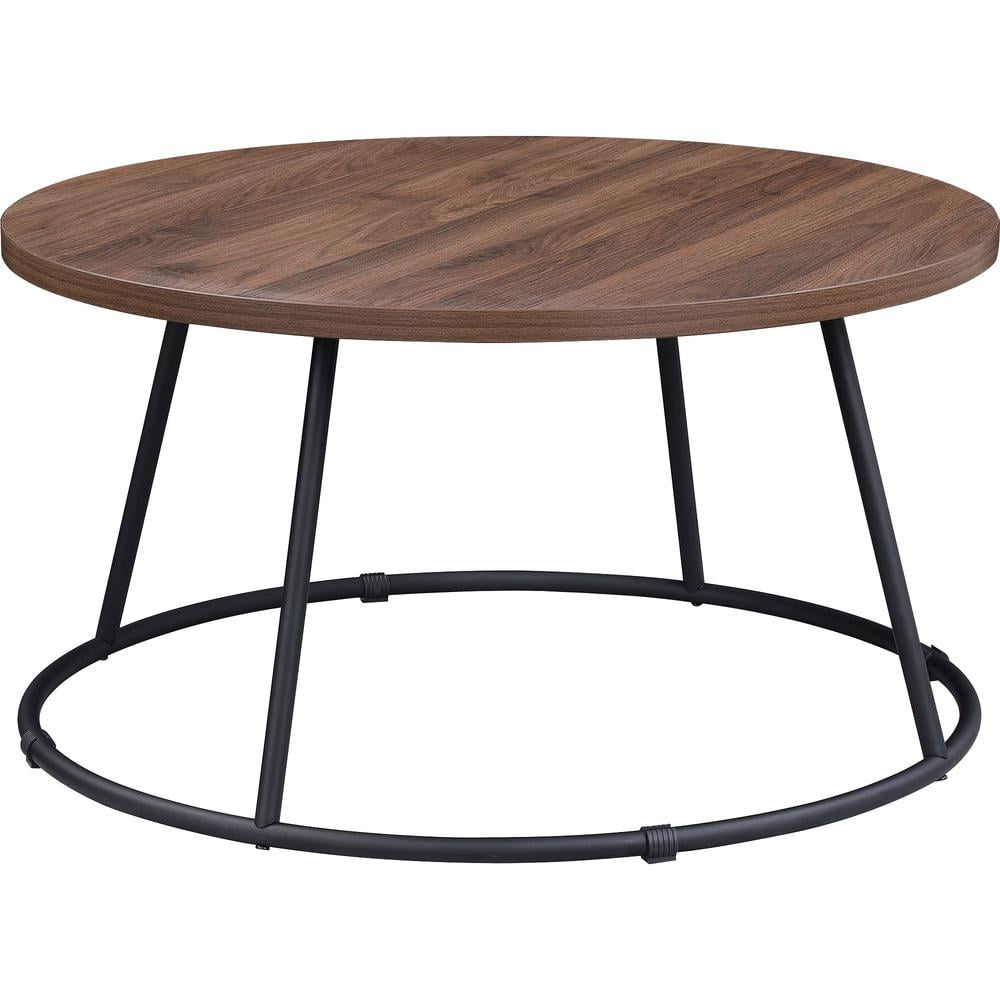 Lorell Round 31.5" Walnut Top Industrial Coffee Table with Metal Base