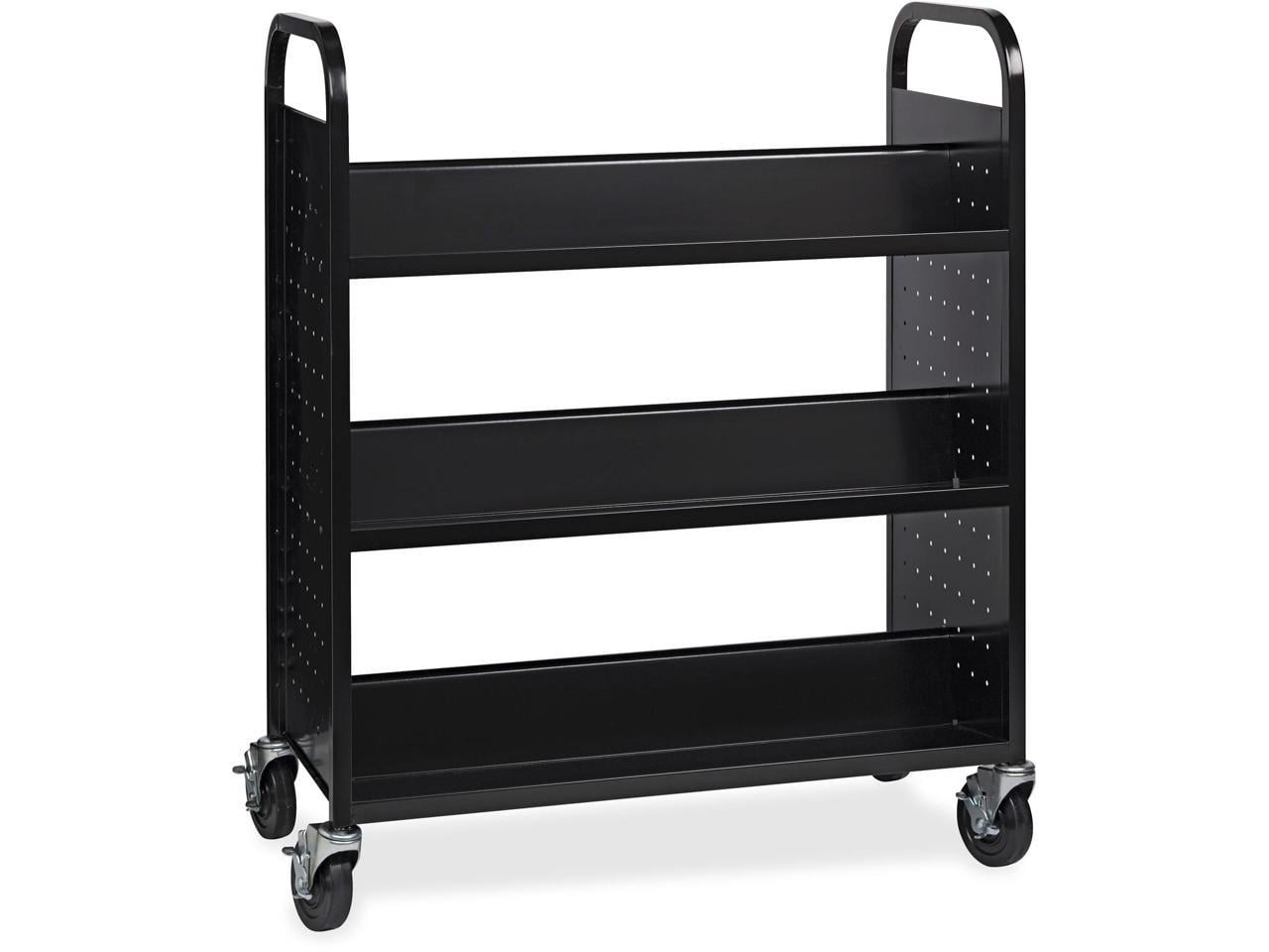 Black Welded Steel Double-Sided Book Cart with Locking Casters