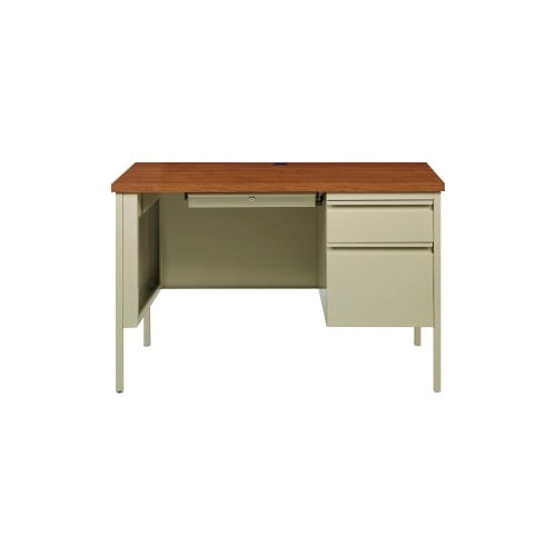Lorell Fortress Series Oak Laminate Top Desk 45.5" x 24" x 29.5" , 1.1" Table Top - Box Drawer(s), File Drawer(s) - Single Pedestal on Right Side - Square Edge - Material: Steel Frame - Finish: Putty