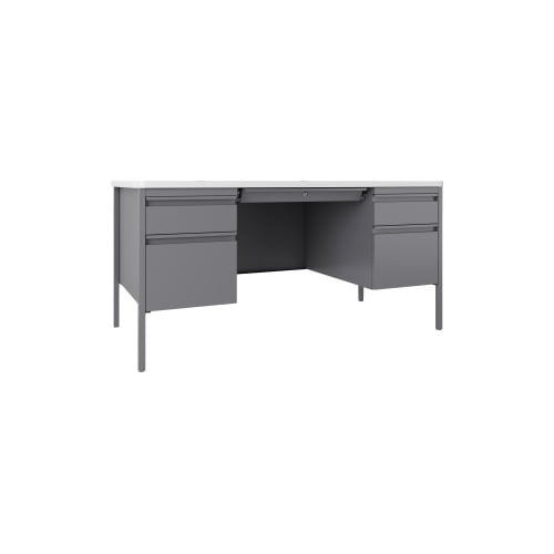 Lorell Fortress Series Teachers Desk 60" x 30" x 29.5" - Double Pedestal - T-mold Edge - Material: Steel - Finish: White Laminate Surface, Platinum