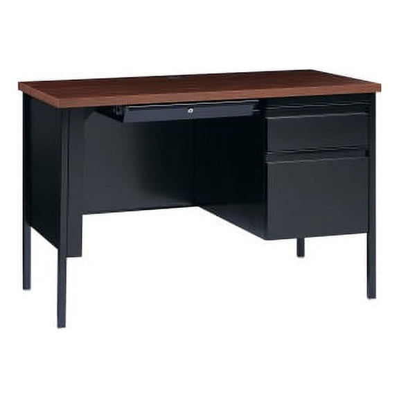 Lorell Fortress Series Walnut Laminate Top Desk 45.5" x 24" x 29.5" , 1.1" Top - Box Drawer(s), File Drawer(s) - Single Pedestal on Right Side - Square Edge - Material: Steel Frame - Finish: Black Fra