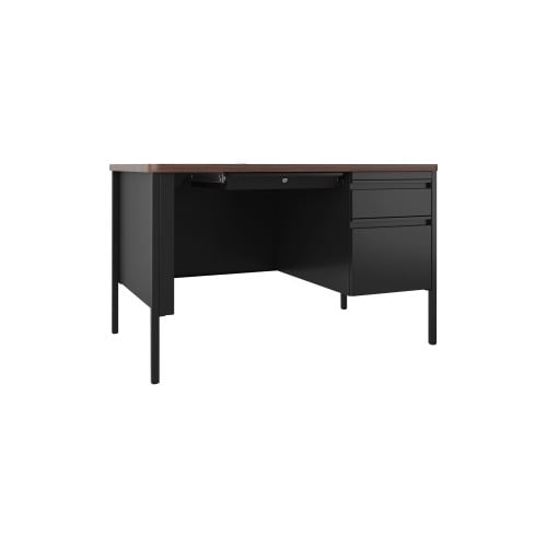 Lorell Fortress Series Walnut Top Teacher's Desk 48" x 30" x 29.5" - Box Drawer(s), File Drawer(s) - Single Pedestal on Right Side - T-mold Edge - Material: Steel Frame - Finish: Black Frame, Walnut L