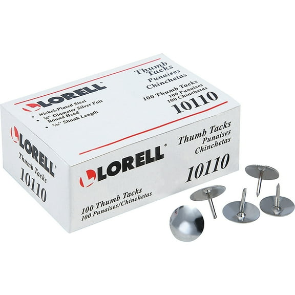 Lorell, LLR10110, 5/16" Steel Thumb Tacks, 100 / Pack, Silver