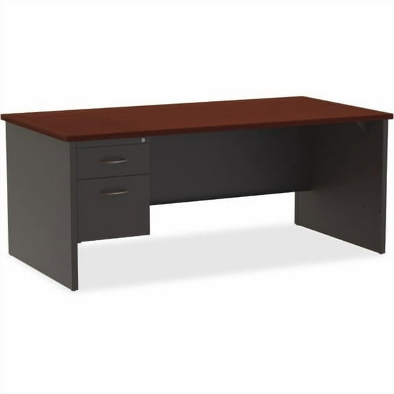 Lorell Mahogany Laminate/Charcoal Modular Desk Series Pedestal Desk - 2-Drawer 72" x 36" , 1.1" Top - 2 x Box Drawer(s), File Drawer(s) - Single Pedestal on Left Side - Material: Steel - Finish: Mahog
