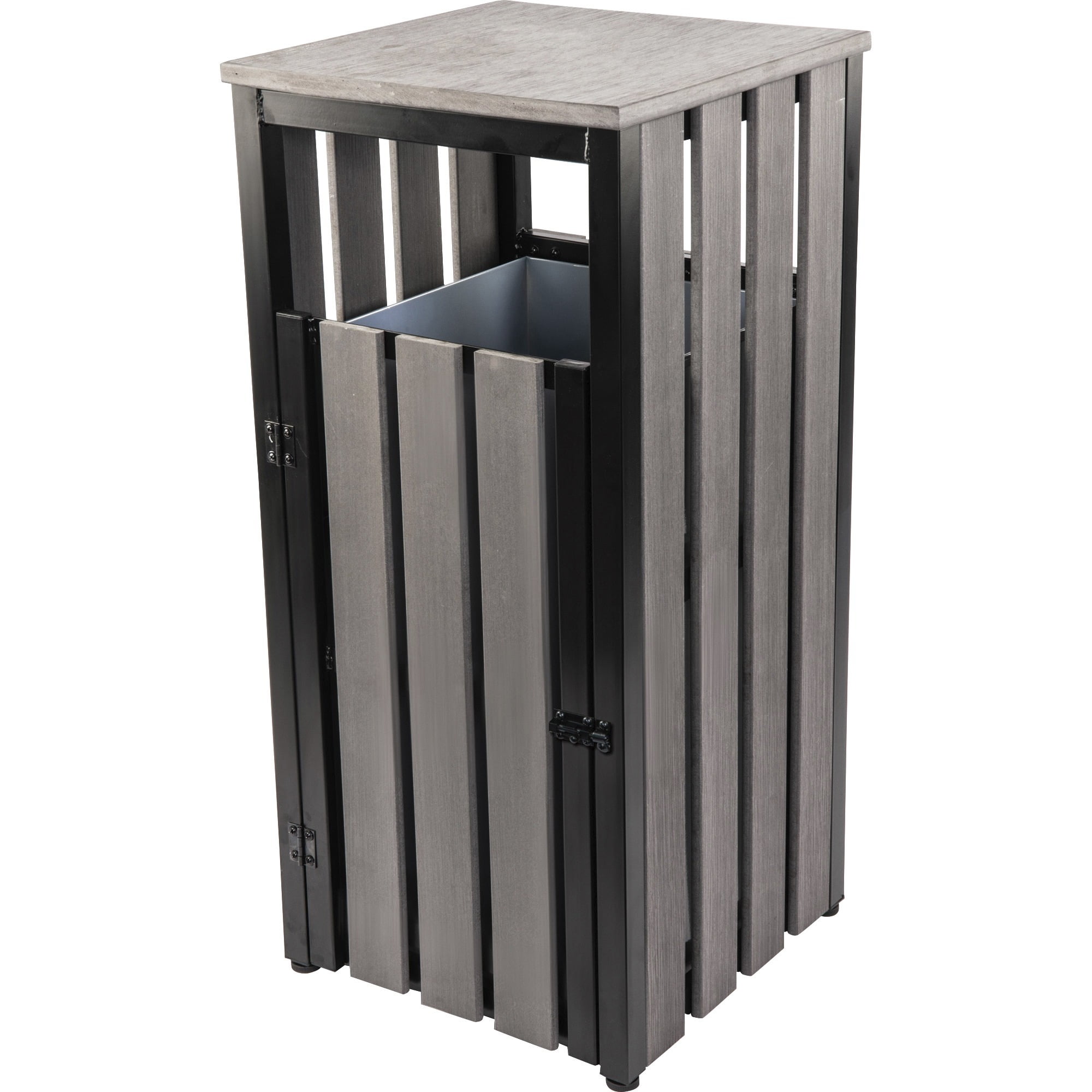 Charcoal Gray Wood and Metal Outdoor Waste Bin with Ashtray