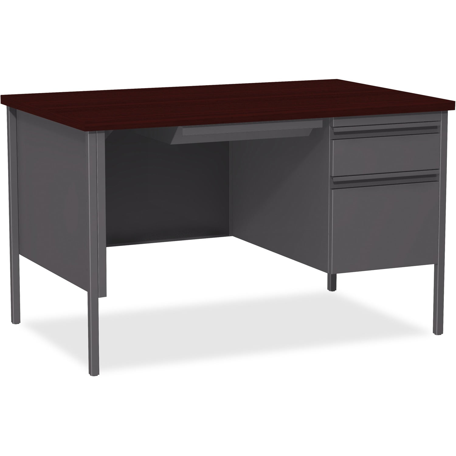 Mahogany and Steel Single Pedestal Desk with Drawer and Filing Cabinet