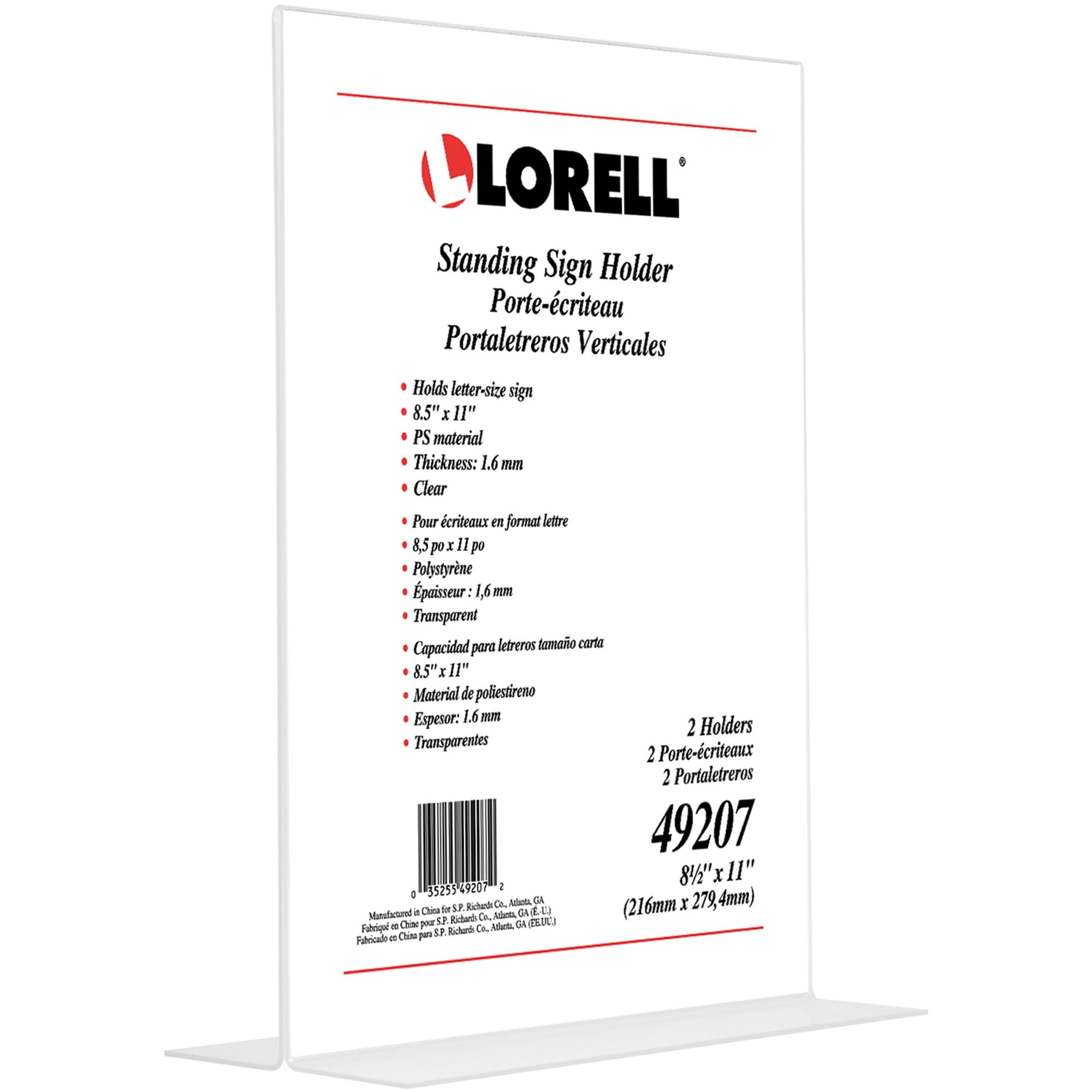 Lorell T-base Standing Sign Holder - Support 8.50" X 11" Media - Acrylic - 2 / Pack - Clear