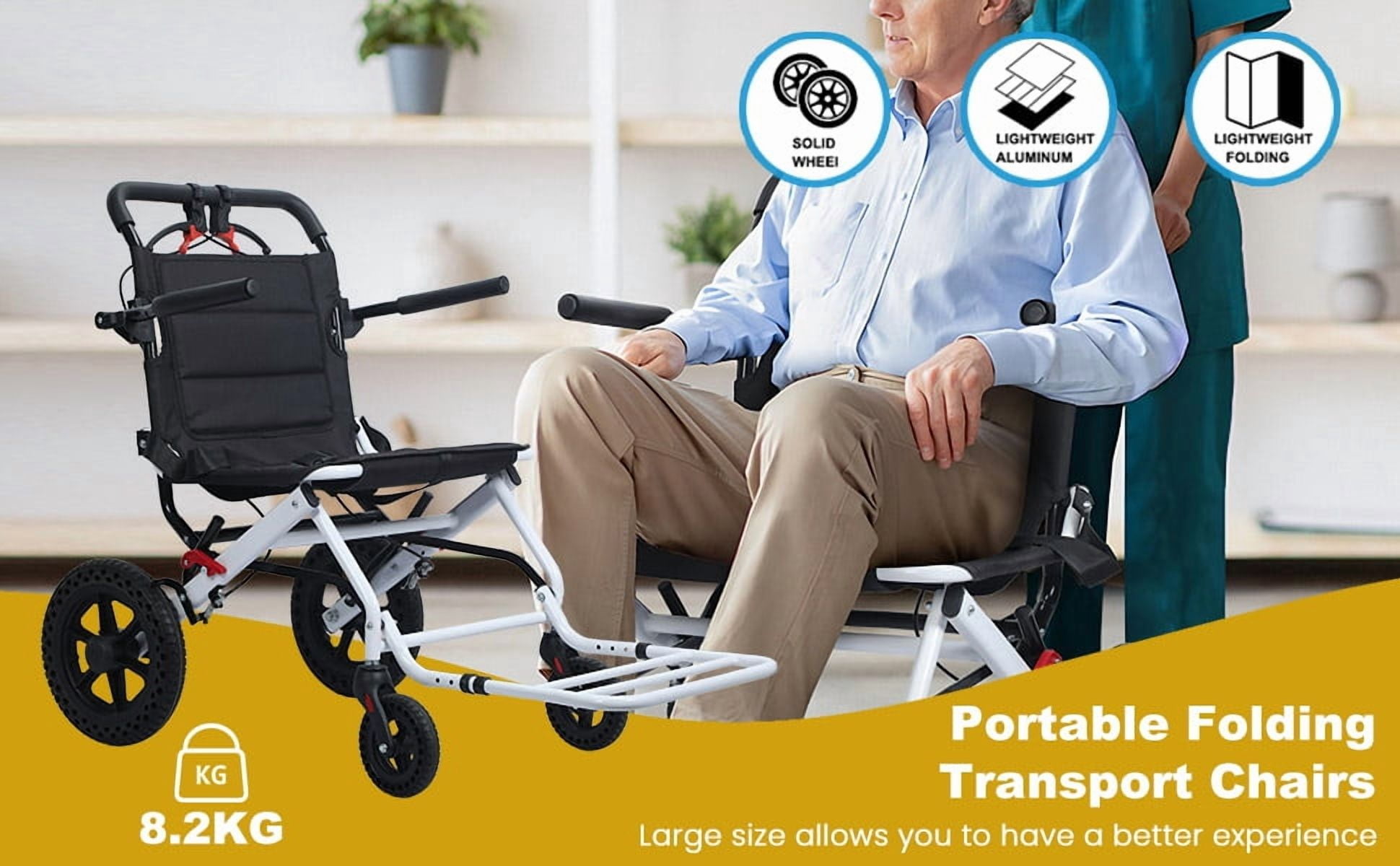 Lightweight Foldable Transport Wheelchair – 19.4lbs Portable Chair With Retractable Handle For Travel