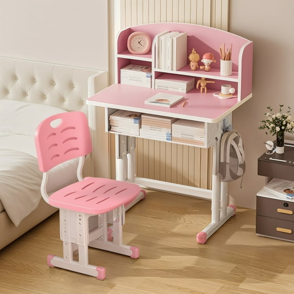Lorelo 2Pcs/Set Kids Desk Chair Set, Height Adjustable Children School Study Table Chair Set with Storage Drawer, Ergonomic Desk Chair with Book Stand, Partition Design (Pink)