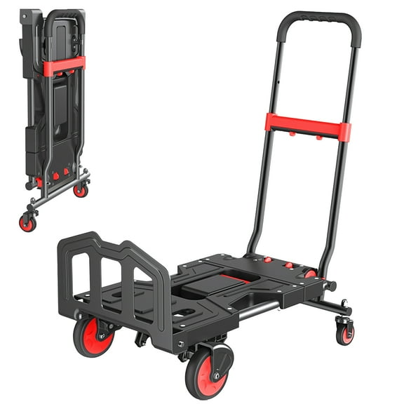 Lorelo 3 In 1 Folding Hand Truck, 150kg Capacity, Heavy Duty Hand Truck Trolley with Retractable Handle, 4 Wheels, 3 Gears Adjustable Camping Shopping Cart for Moving Items, Luggage, Warehouse
