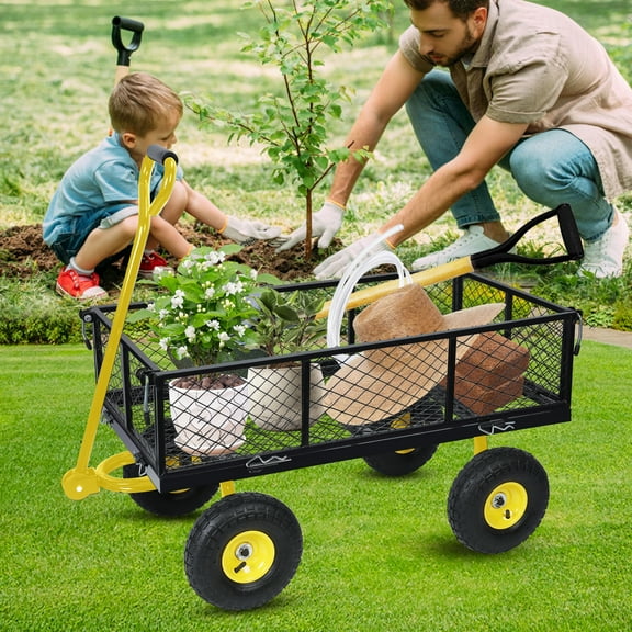 Lorelo 880lbs Capacity Garden Cart,  Heavy Duty Mesh Metal Utility Wagon with Flat-Free Tires, Removable Sides, Flexible Handle Yard Cart (Yellow)