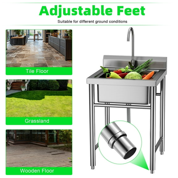Lorelo Outdoor Sink, Stainless Steel Utility Sink, Freestanding Commercial Kitchen Single Bowl Sink for Restaurant, Laundry Room, Garage