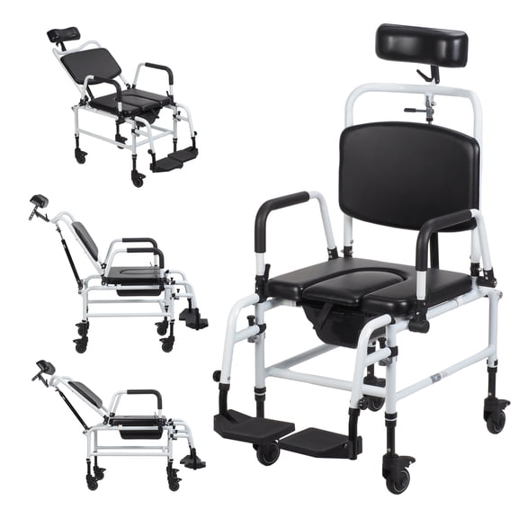 Lorelo Shower Chair with Wheels, Multifunctional Bedside Commode Chair, Angle Adjustable Shower Commode Wheelchair, Shampoo Chair with Headrest and Bucket for Elderly, Disabled, Adults